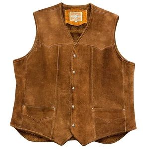 Vintage Pioneer Wear Mens Brown Western Suede Fleece Lined Snap Vest